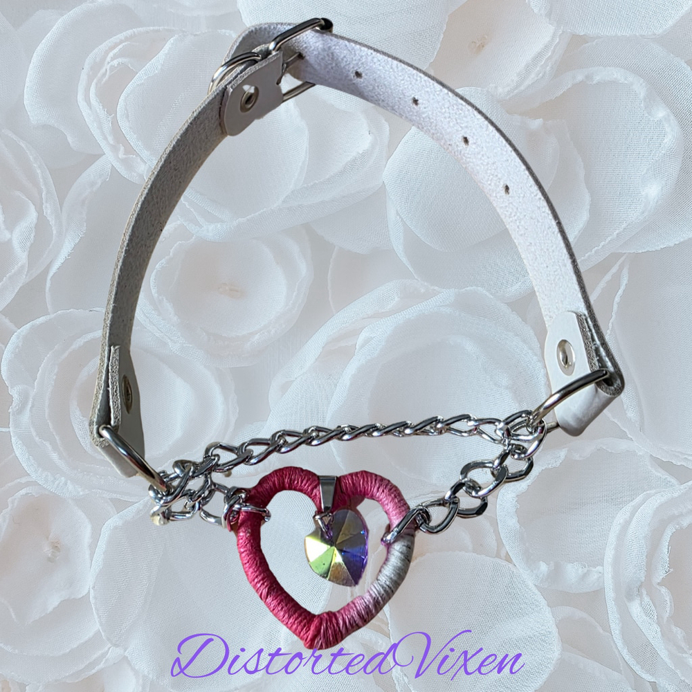 Pink & White Heart Choker Wrapped Fiber Heart with Crystal Charm - Picture 3 of 9